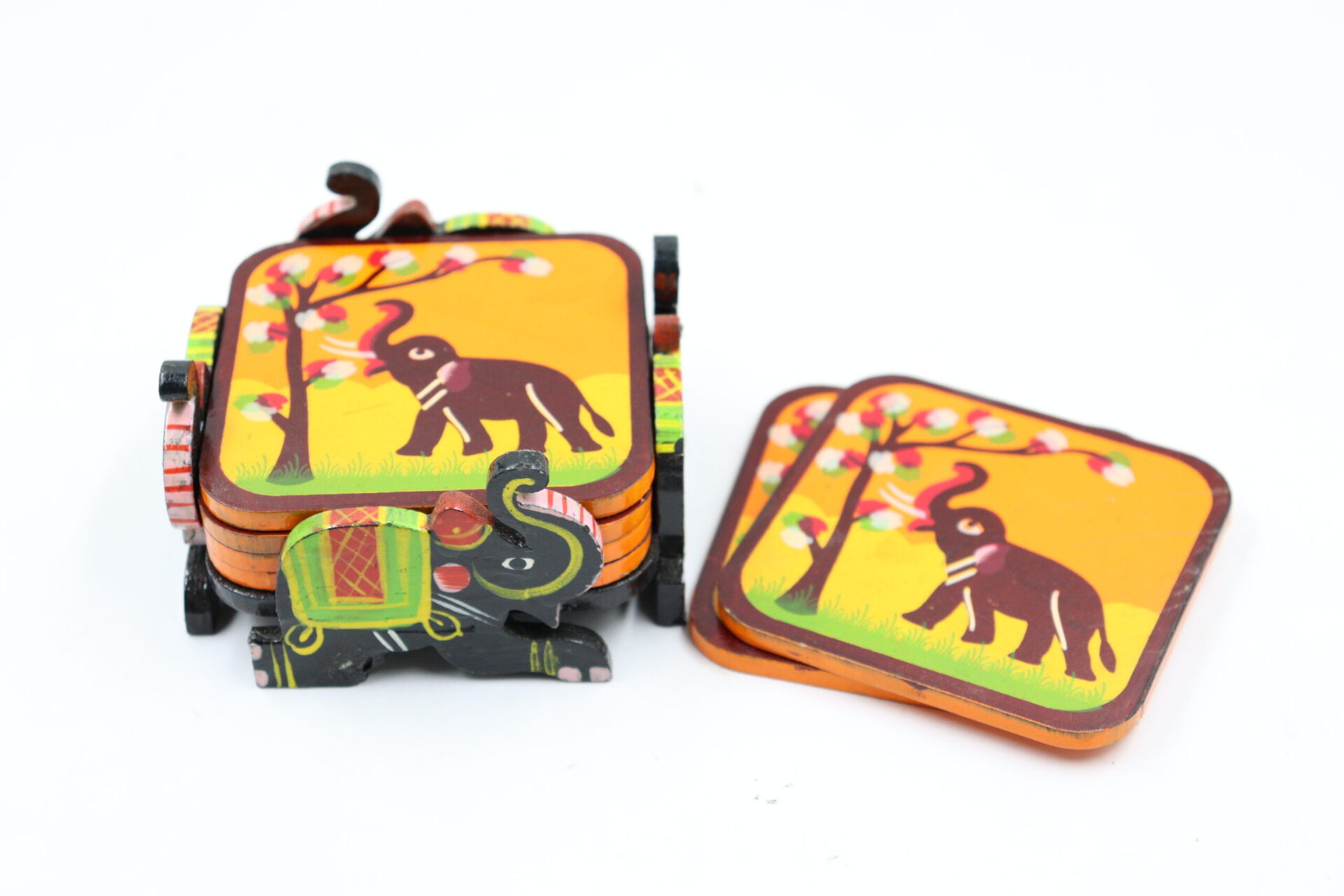 Wooden Elephant Design Coaster Set